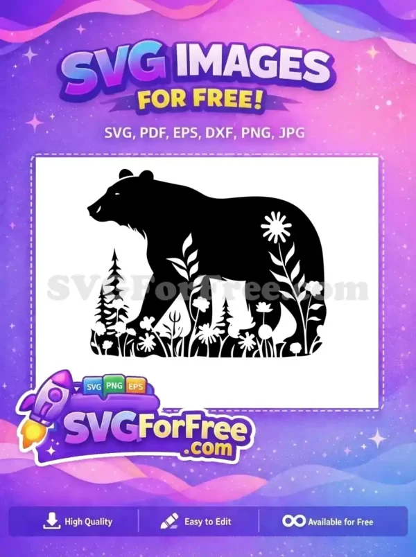 Free majestic bear silhouette filled with intricate forest elements like pines and wildflowers—a versatile free design for crafts.