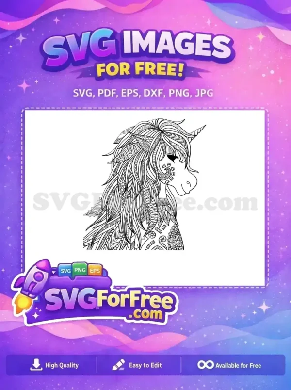 Free mystical unicorn head SVG with intricate zentangle patterns, perfect for mindful coloring and craft projects.