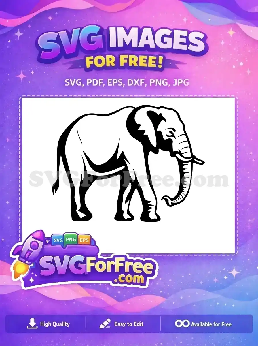 A striking free black and white elephant SVG design, standing majestically, ideal for crafting and digital art projects.