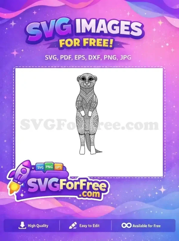 Free Zentangle Meerkat Design for Creative Projects A beautifully detailed free Zentangle meerkat design, standing upright, ready for coloring or crafting projects. Enjoy this free art!