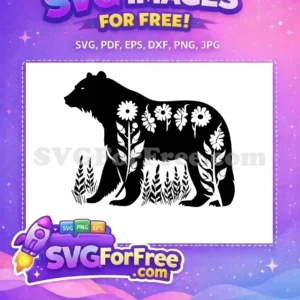 Free striking black bear silhouette filled with intricate white floral and plant designs, a beautiful free nature SVG.
