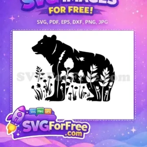 Discover this free design: a majestic black bear silhouette filled with intricate white floral and botanical patterns, perfect for nature-inspired projects.