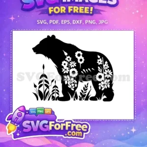 Free Floral Bear Silhouette SVG – Nature’s Embrace Design Majestic free bear silhouette SVG, featuring elegant floral patterns within its form, standing amidst reeds. A versatile free design.