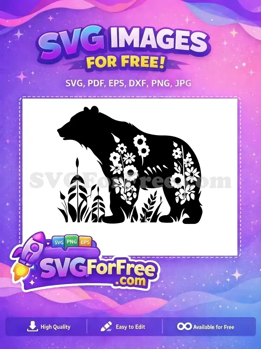 Majestic free bear silhouette SVG, featuring elegant floral patterns within its form, standing amidst reeds. A versatile free design.