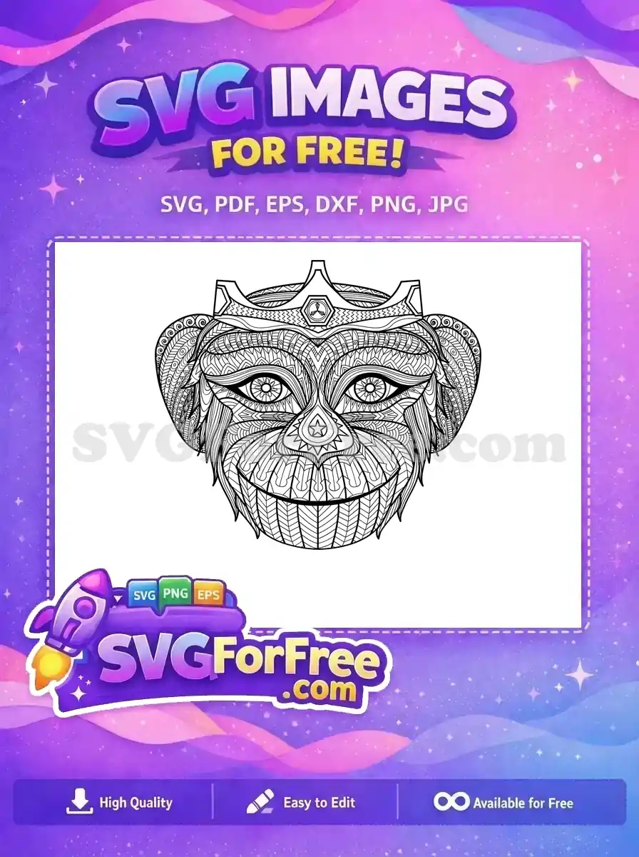 A free intricate monkey king SVG design, featuring detailed patterns and a majestic crown, perfect for creative projects and coloring.