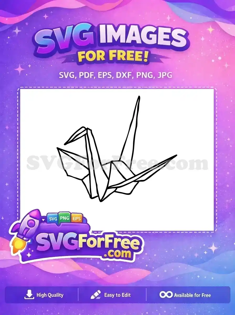 A free minimalist line art SVG of an elegant origami paper crane, ideal for crafts, decor, or digital projects. Download this free design now!