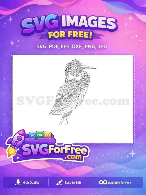 Free majestic heron design, rendered with intricate Zentangle patterns, ideal for coloring or crafting. A beautiful free vector.