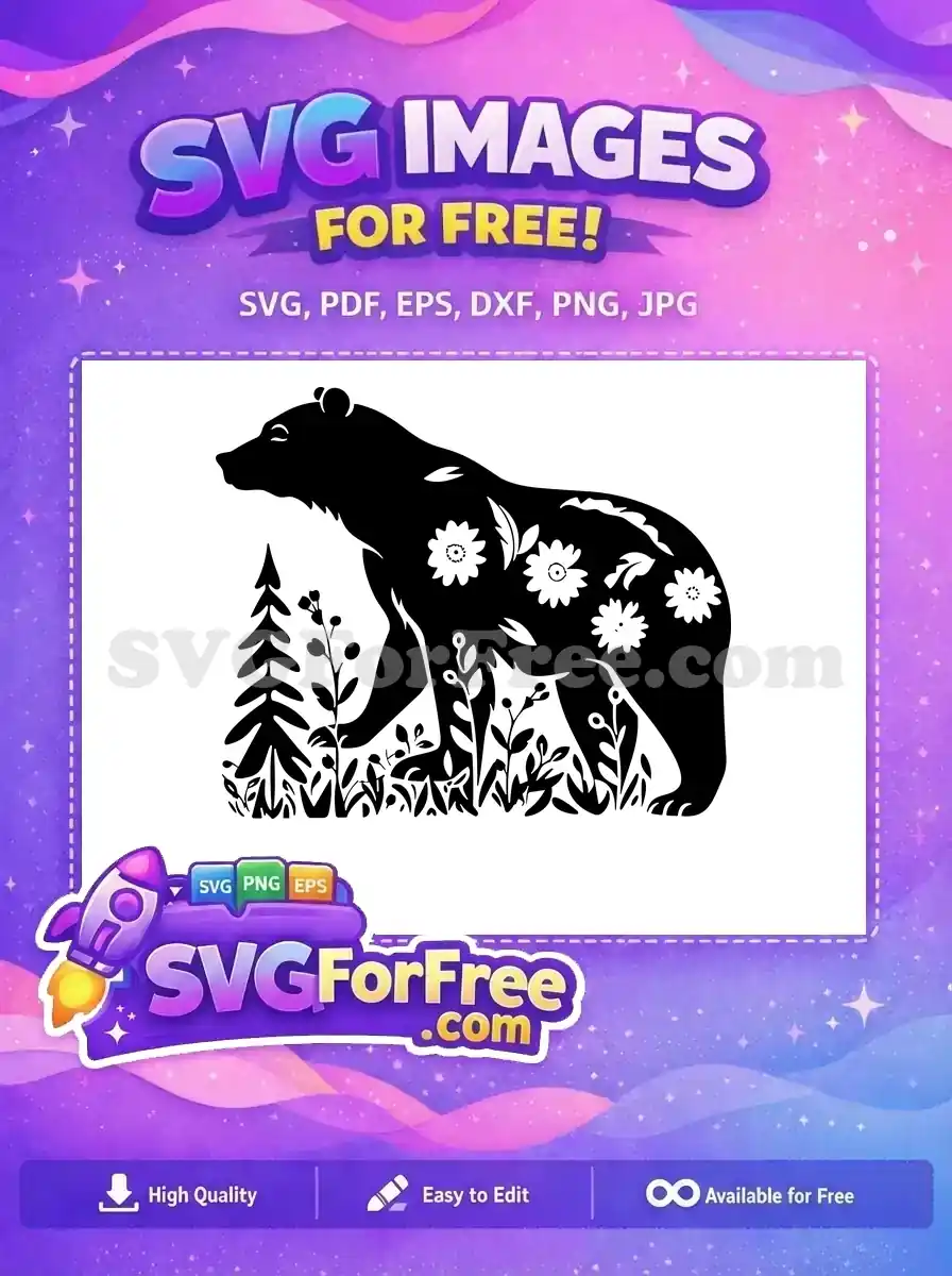 A stunning free bear SVG featuring intricate floral patterns and woodland elements, ideal for creative projects. Download this free design now!