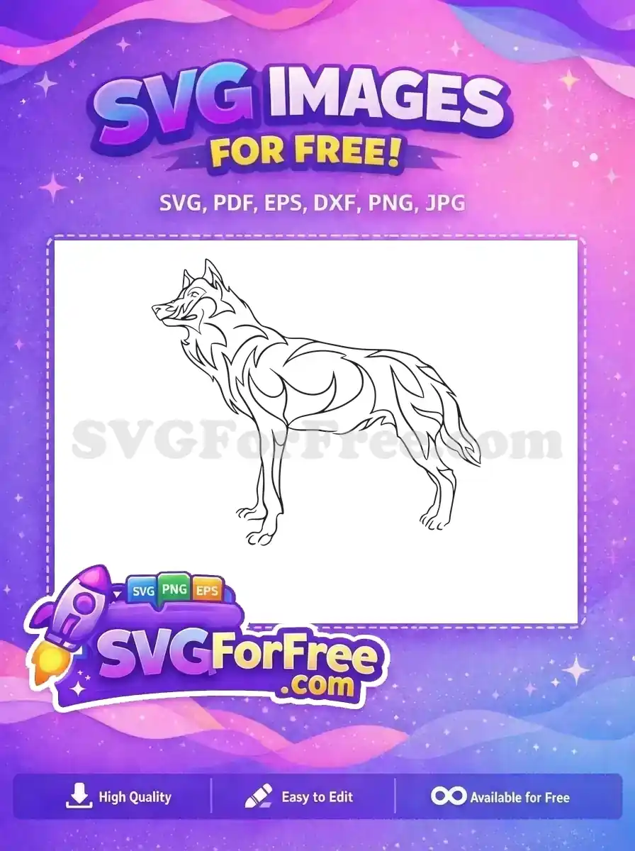 A free tribal wolf SVG design, featuring a majestic wolf silhouette with intricate, flowing lines and sharp angles.