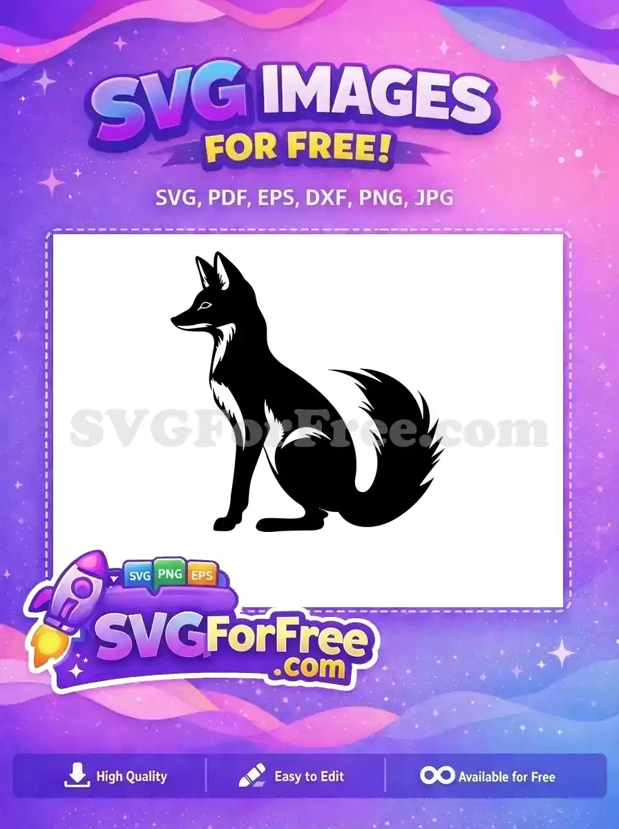 A free SVG of a sleek, black fox silhouette, sitting gracefully, ideal for various free design projects and crafts.
