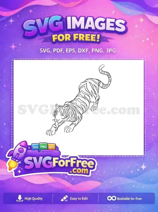 A fierce yet elegant free tiger outline, captured mid-stretch, perfect for your next creative crafting project.