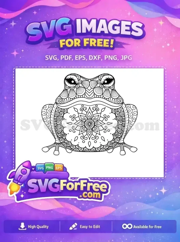 Detailed free SVG of a frog adorned with intricate mandala patterns, ideal for coloring or craft projects. Download this free design now!