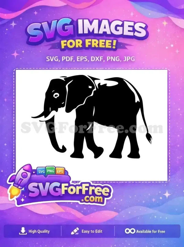 A majestic free elephant silhouette, facing left, with prominent tusks and ear details. Ideal for crafts and designs.