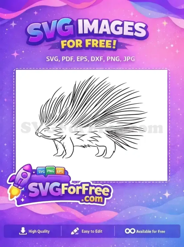 A detailed free line art SVG of a porcupine, showcasing its distinctive quills and sturdy body, ideal for animal-themed projects.