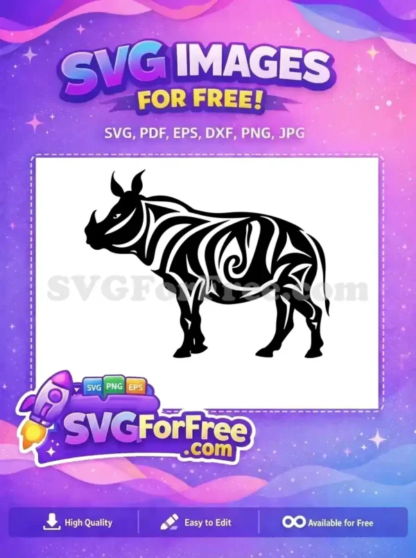 A free tribal rhino SVG design, showcasing an elegant black silhouette with intricate patterns. Perfect for diverse projects.