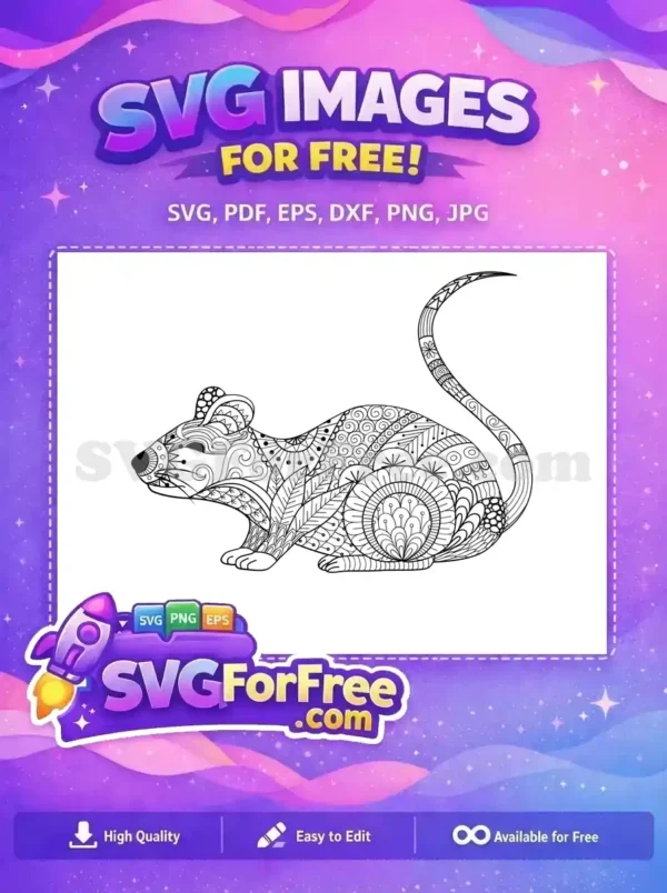 Free intricate Zentangle-style rat design. A detailed black and white SVG for creative projects, ready for download.