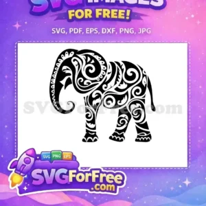 A detailed free tribal elephant SVG, showcasing intricate scrollwork and patterns, perfect for free craft projects. Easy to download free vector art.