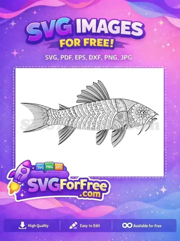 Intricate free mandala fish design, perfect for adult coloring books or detailed craft projects. A beautiful free SVG.