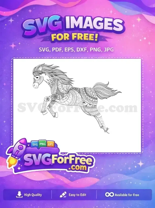 Free Zentangle horse design, featuring intricate patterns, perfect for coloring or crafting. A majestic free SVG.