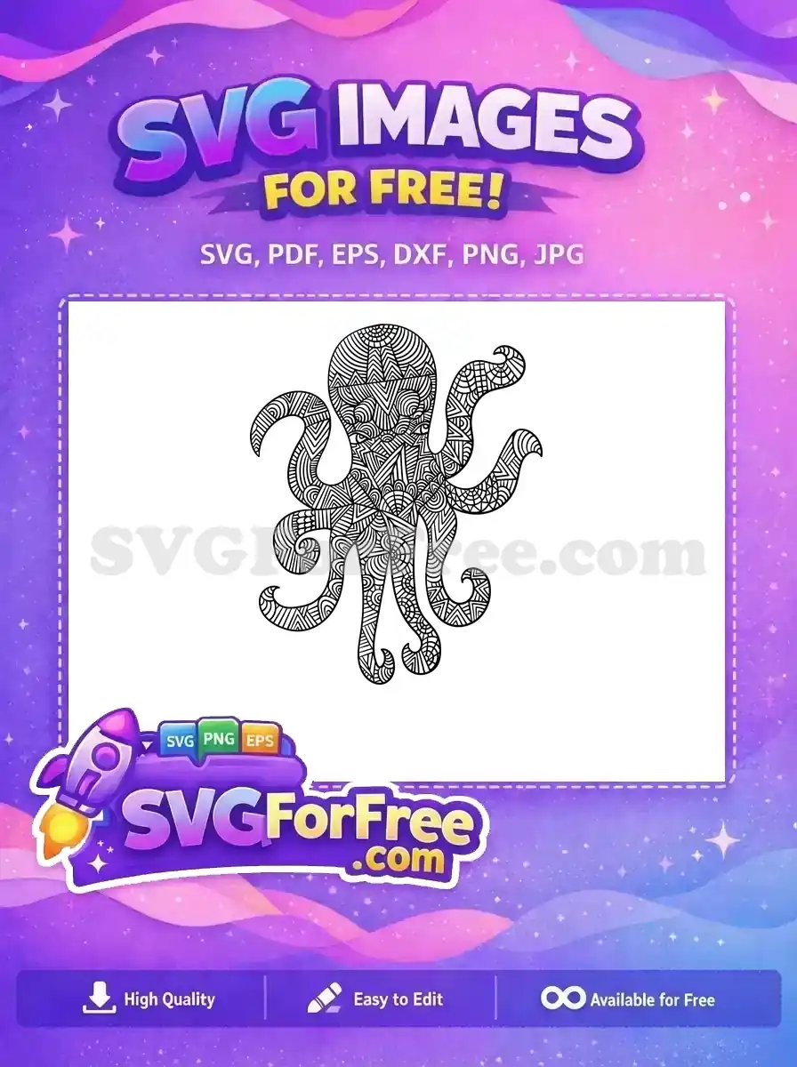 A stunning free intricate octopus design, featuring complex Zentangle-style patterns, perfect for mindful crafting projects. Download this free SVG!