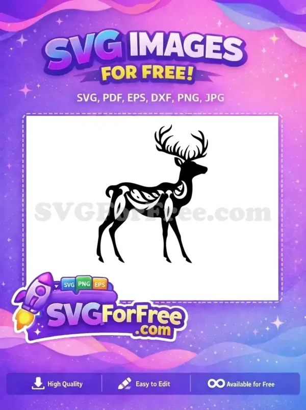 Discover this free majestic deer SVG, a beautiful black silhouette adorned with intricate tribal patterns. Ideal for crafters.