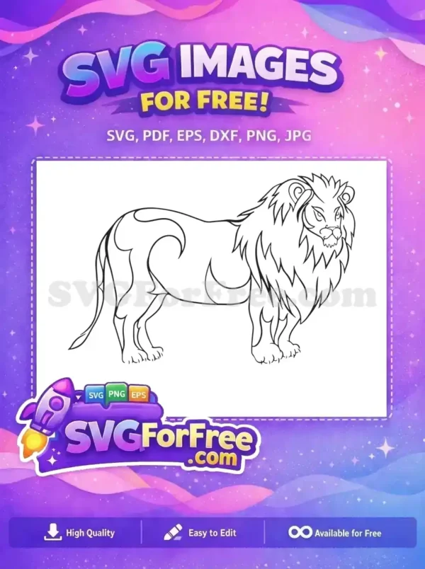 A free stylized black and white outline of a powerful lion, standing proudly. This free design is ideal for various creative projects.