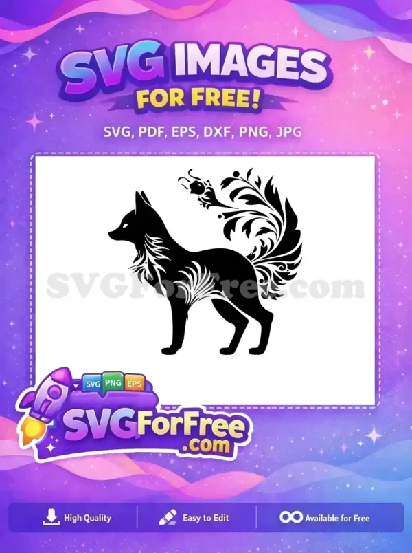 Free ornate fox SVG silhouette, featuring intricate floral patterns and a majestic, flowing tail. Ideal free design for crafts.