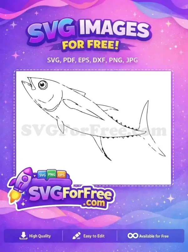 A free, detailed SVG outline of a powerful tuna fish, captured mid-swim. Ideal for marine-themed projects.