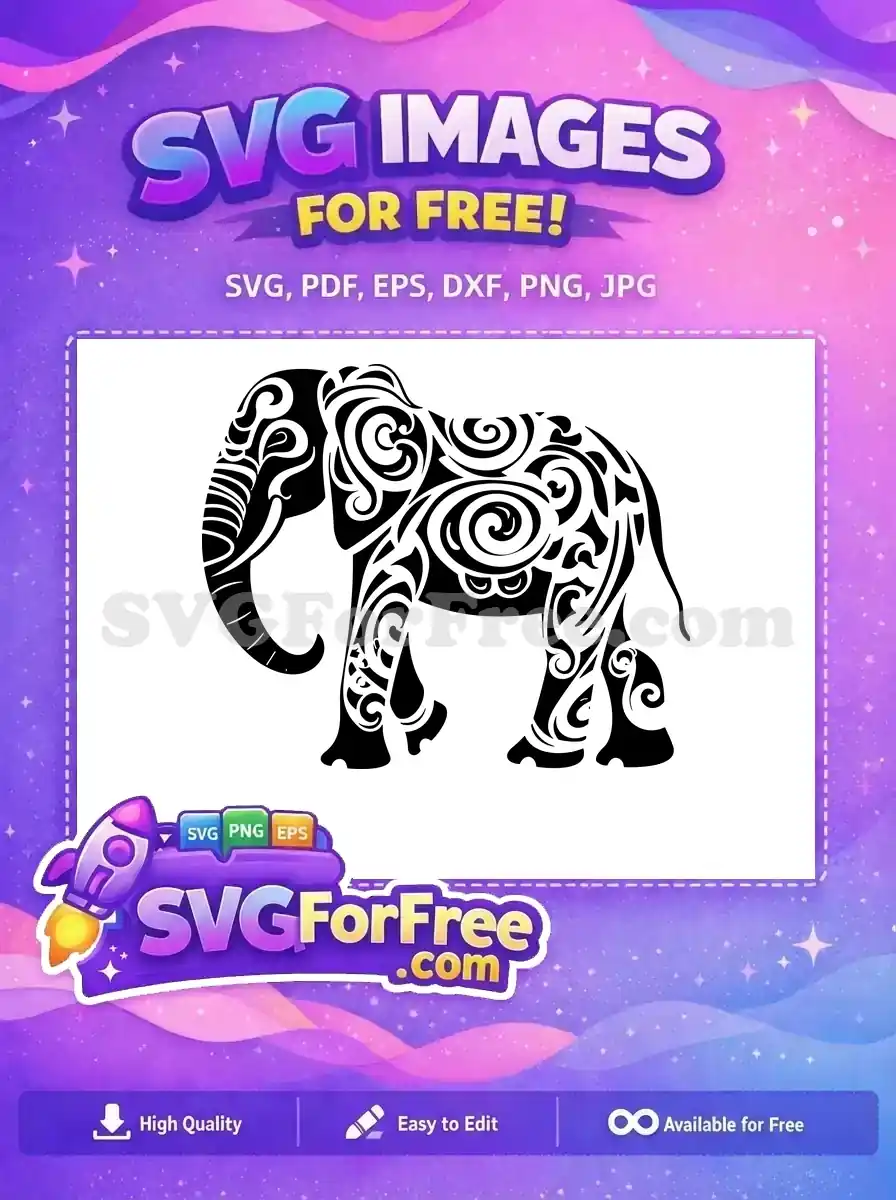 A majestic free tribal elephant SVG, featuring intricate swirl patterns, ideal for diverse creative projects. Download this free design now!
