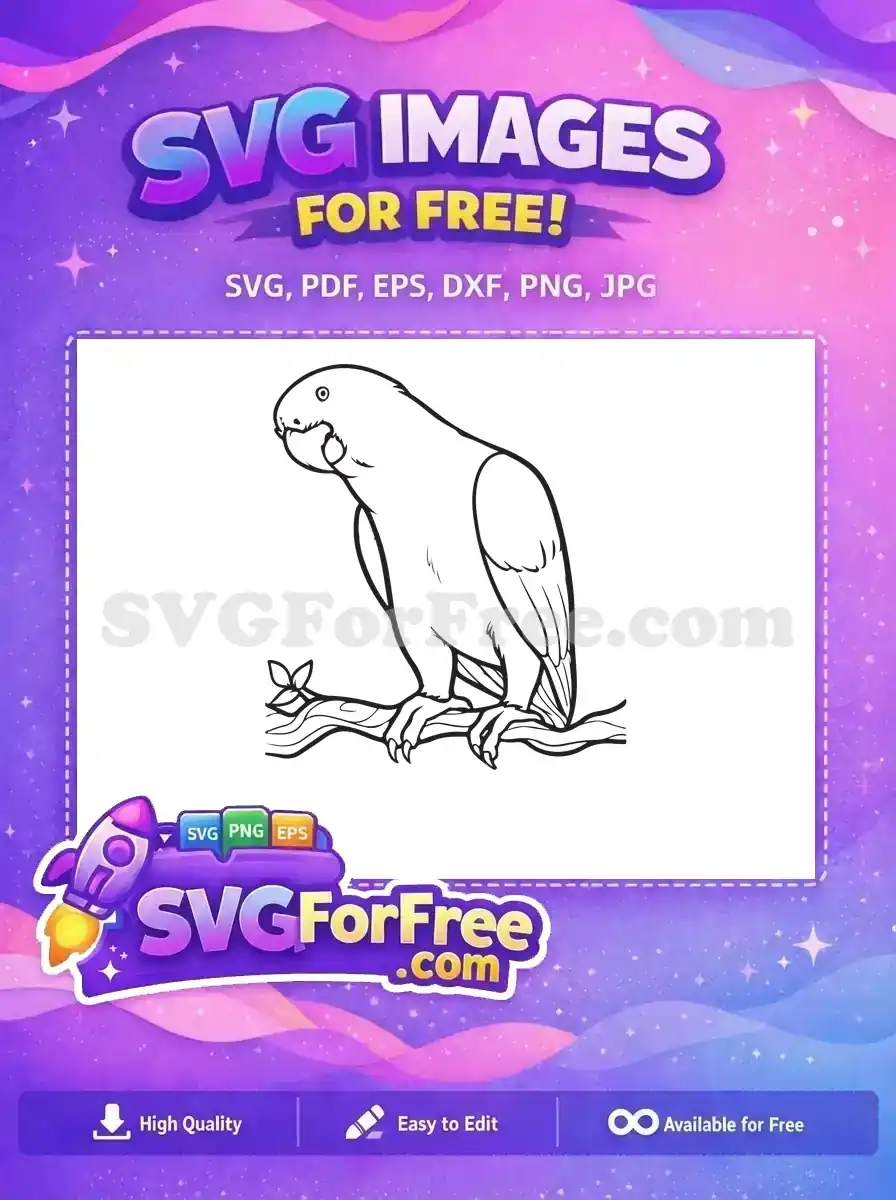 A free parrot outline SVG design, featuring a simple black and white line art bird perched on a branch. Ideal for free creative use.