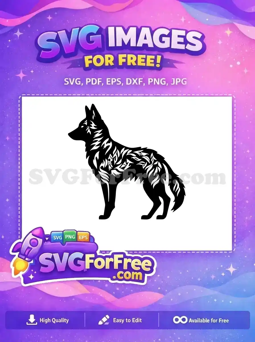 Discover this free dog silhouette SVG, featuring intricate tribal patterns highlighting its majestic form. An artistic free vector for all your crafting needs.