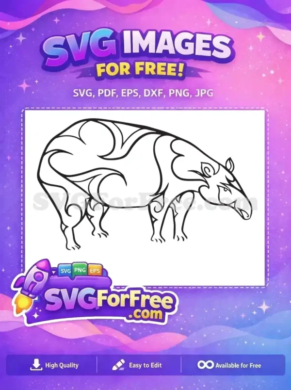 A free stylized tapir, black outline with intricate tribal patterns. Perfect free vector art for animal-themed designs.