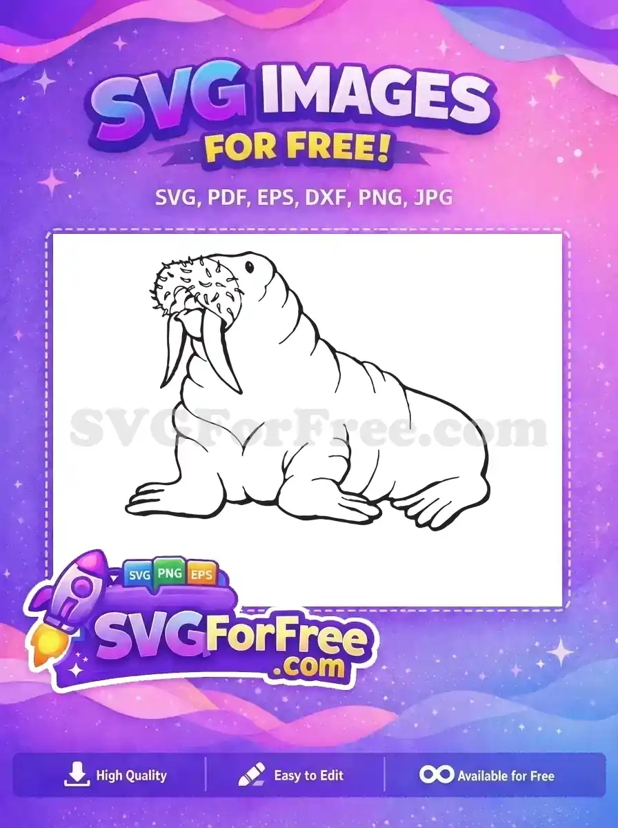 A free walrus outline SVG, detailed with tusks and whiskers, perfect for coloring and craft projects. Get this free design!