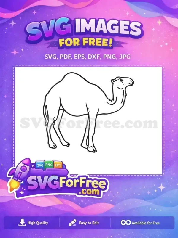 A clear outline of a dromedary camel, perfect as a free SVG for coloring or crafting. Get this free design instantly.