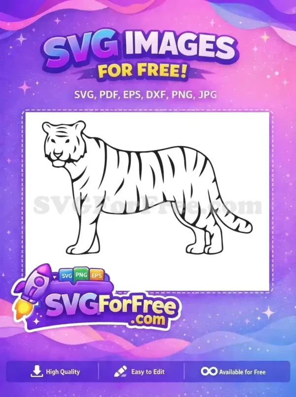 A magnificent free tiger outline design, standing proudly, ideal for any project needing a striking animal graphic.