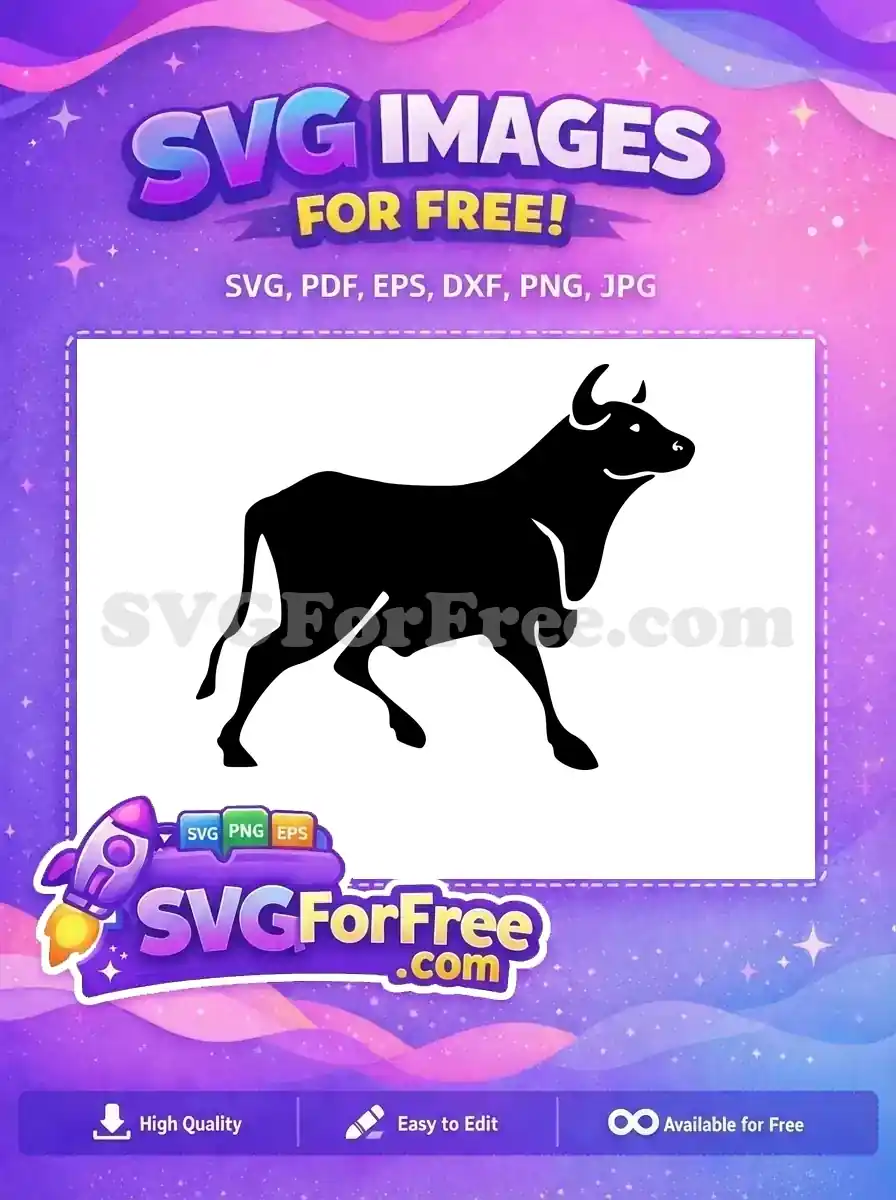 A bold, free bull silhouette design featuring a standing bull with strong horns, ready for various digital uses. This free vector art offers versatility and impact for your creative projects.