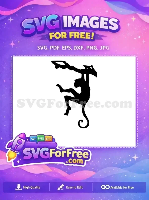A playful free monkey silhouette hangs from a branch, tail curled. This free vector art is perfect for crafts.