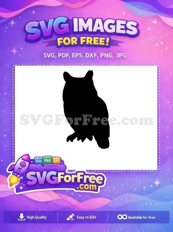 Free Owl Silhouette SVG – Majestic Night Hunter Design A majestic free owl silhouette, rendered in bold black, perfect for crafts, decals, or digital art projects.