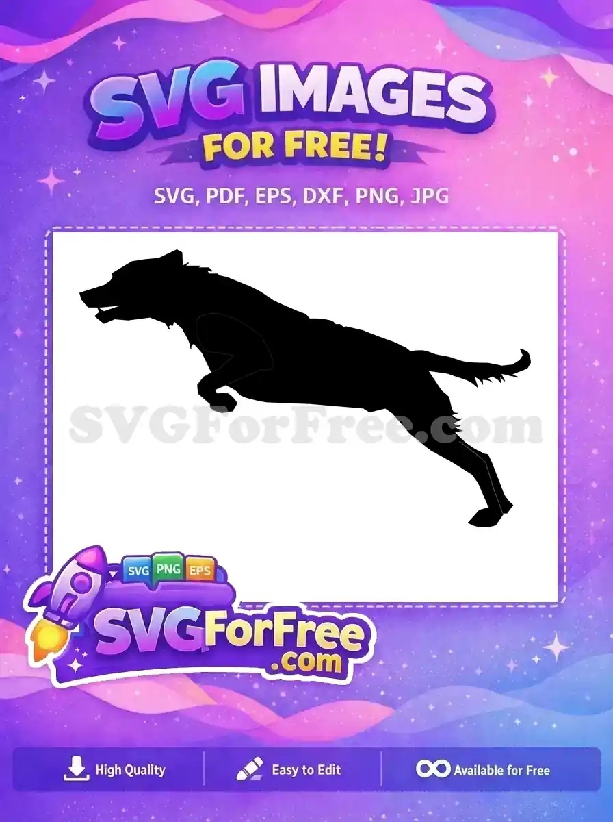 Dynamic free SVG silhouette of a jumping wolf or dog, showcasing power and agility. Ideal for various creative projects and personal use.