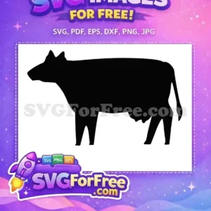 A free downloadable black cow silhouette, standing side-on, ideal for farm animal-themed free crafts and designs.