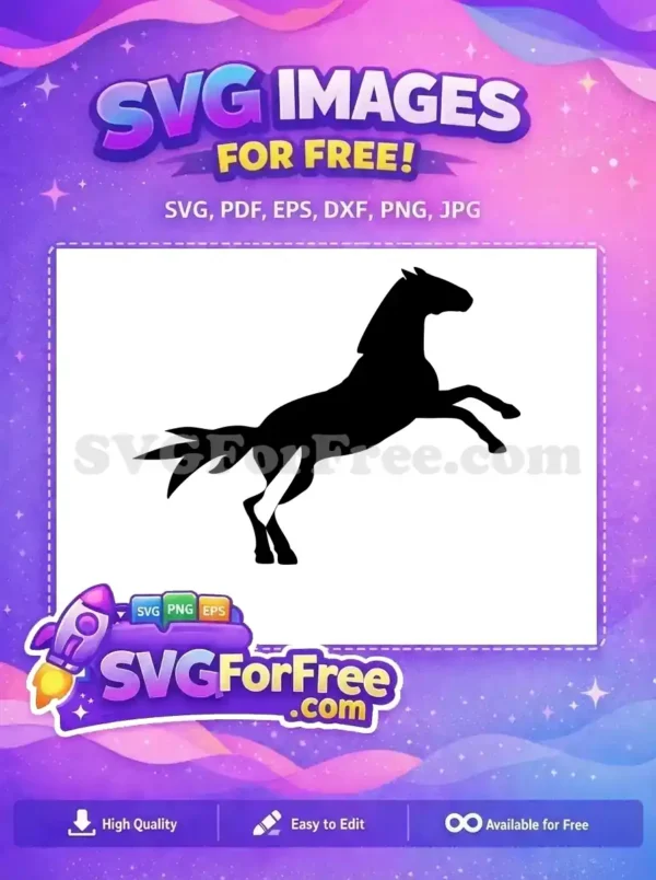 A striking free SVG silhouette of a horse rearing on its hind legs, conveying power and freedom. Ideal for crafts.
