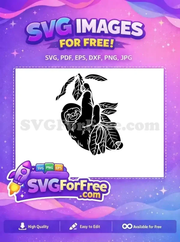 Free Hanging Smiling Sloth Free Silhouette Leaves Design Free SVG